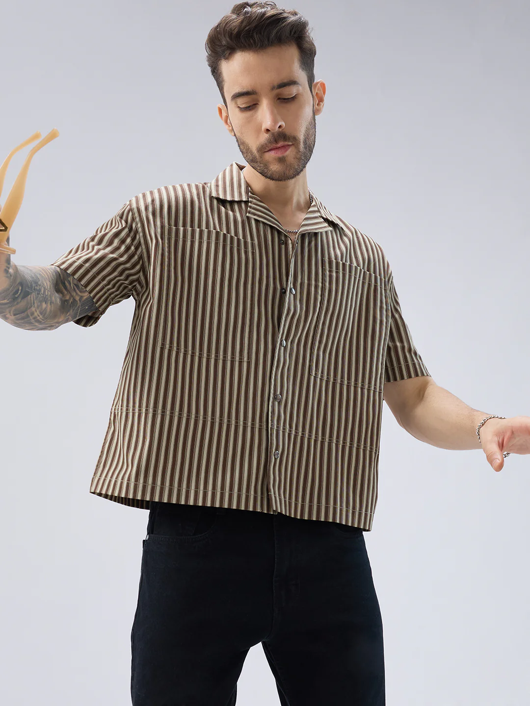 Desert Brown Contrast Striped Twin Pocket Oversized Crop Shirt - Image 4