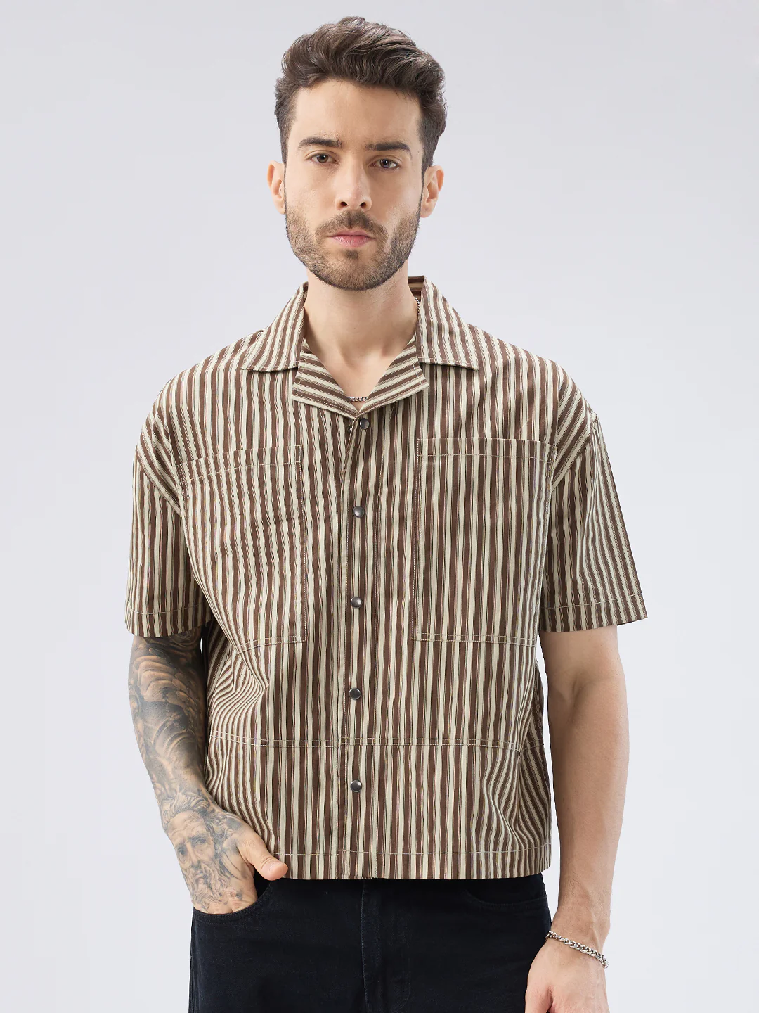 Desert Brown Contrast Striped Twin Pocket Oversized Crop Shirt - Image 5