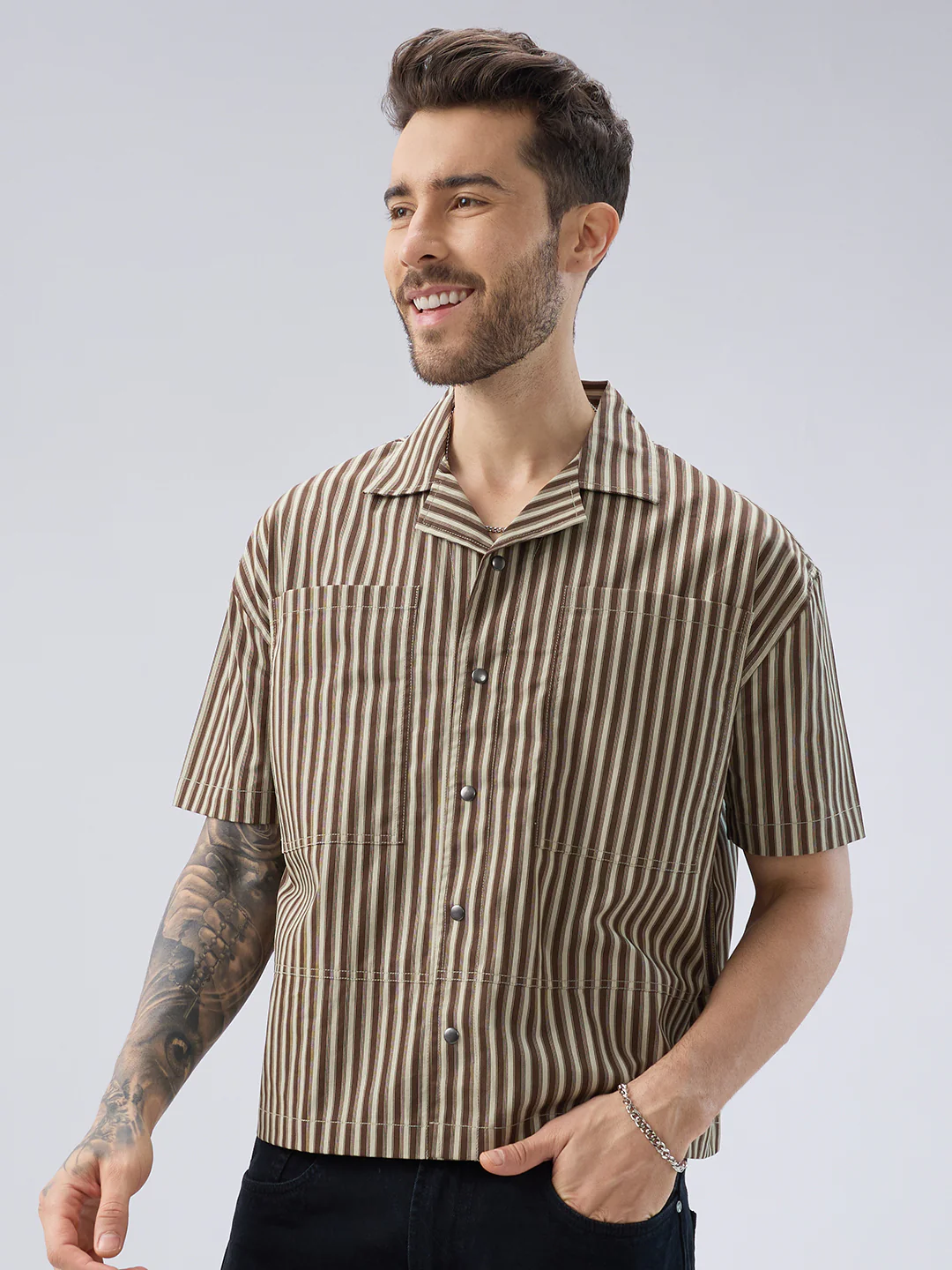 Desert Brown Contrast Striped Twin Pocket Oversized Crop Shirt - Image 6