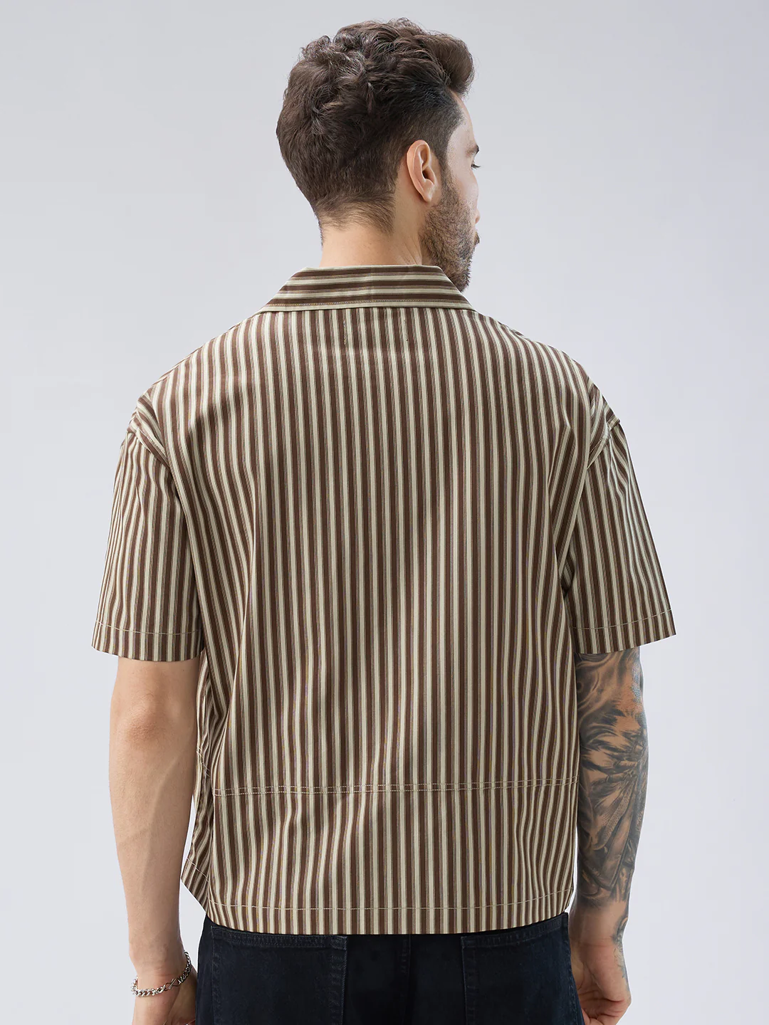 Desert Brown Contrast Striped Twin Pocket Oversized Crop Shirt - Image 7