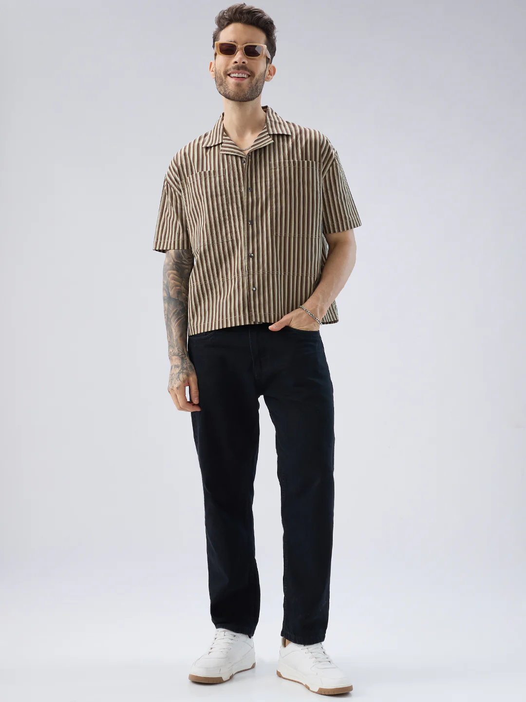 Desert Brown Contrast Striped Twin Pocket Oversized Crop Shirt - Image 8