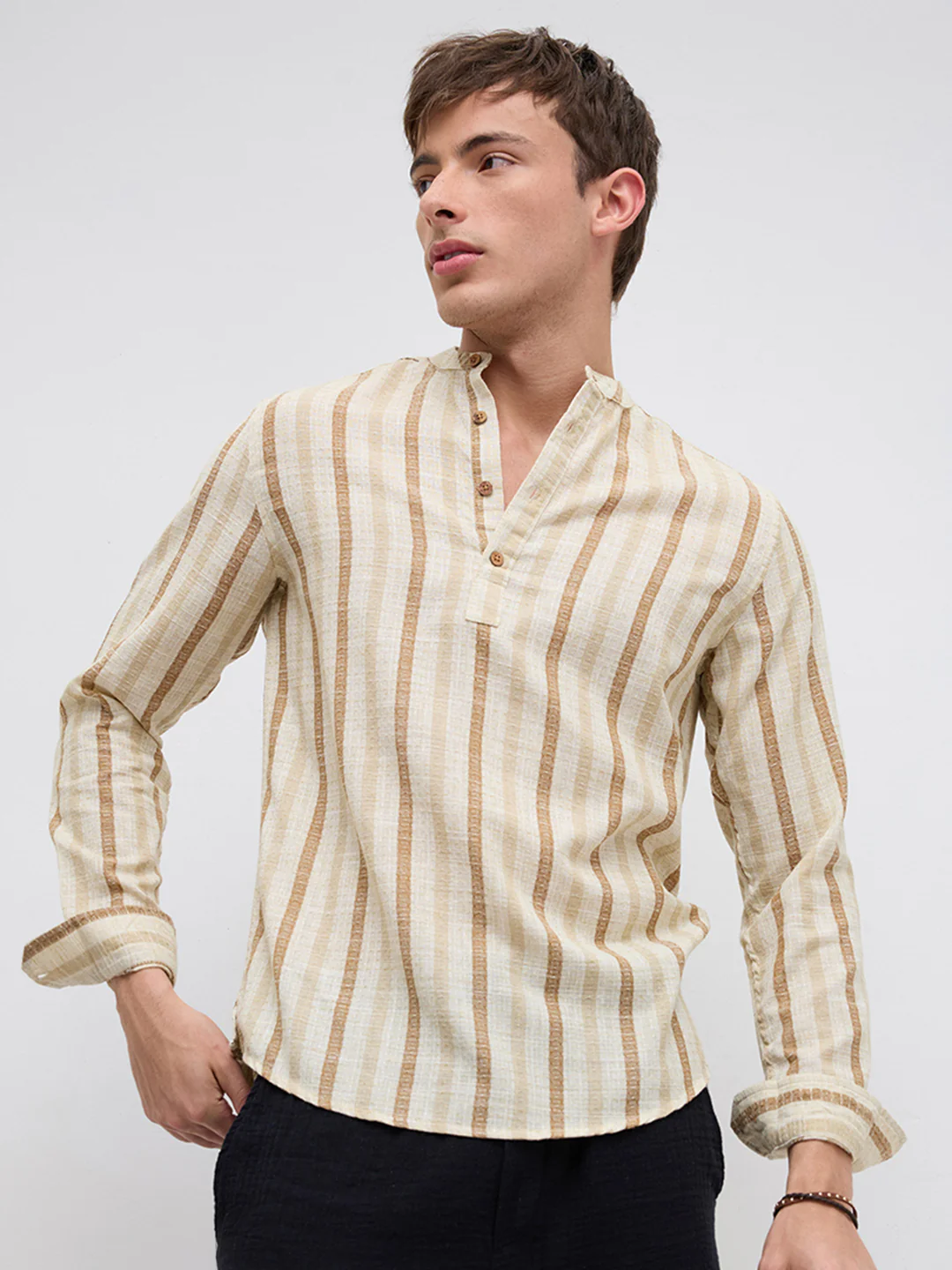 Dessert Sand Beige Jacquard Woven Striped Kurta - Image 2