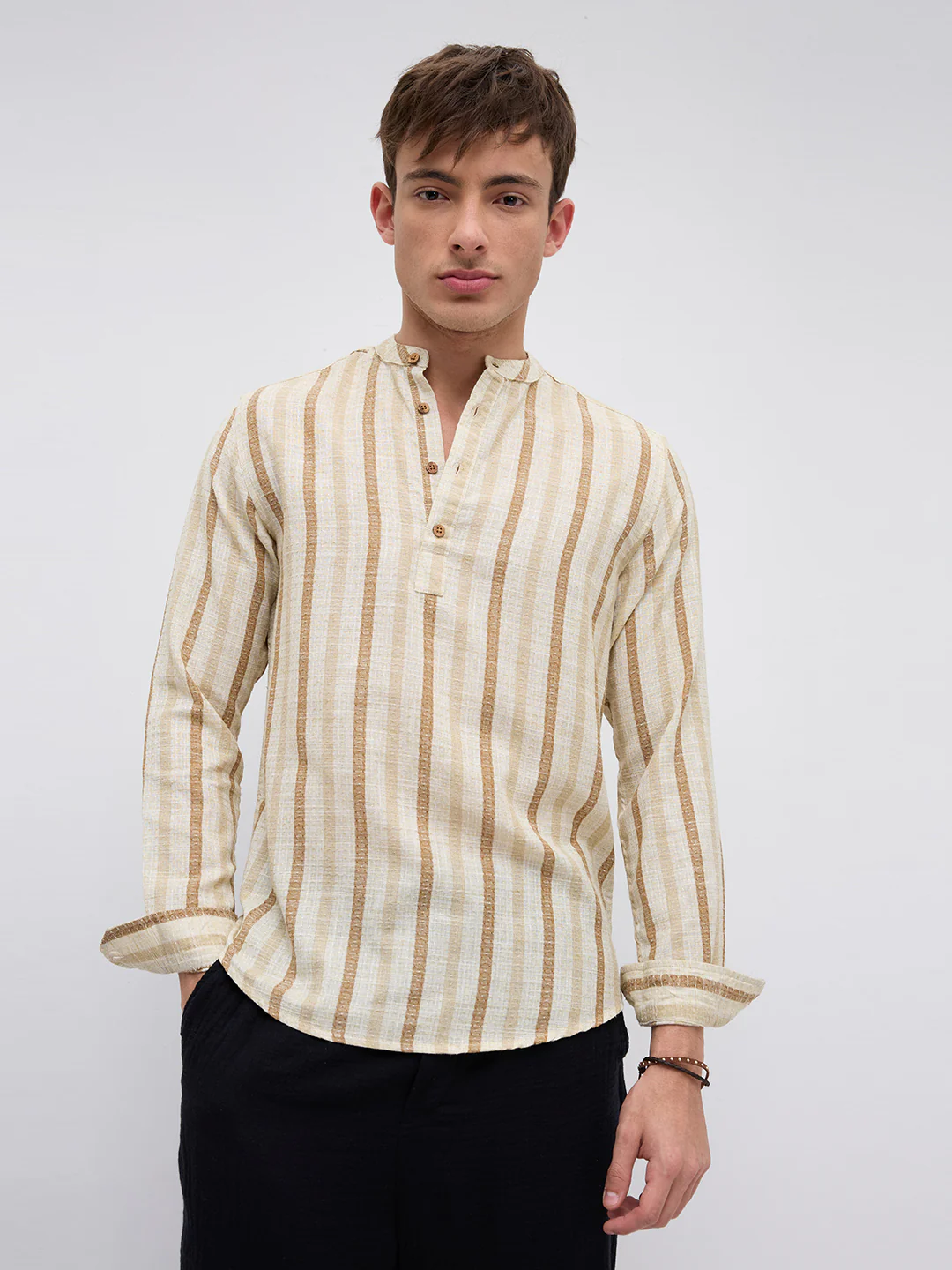 Dessert Sand Beige Jacquard Woven Striped Kurta - Image 4