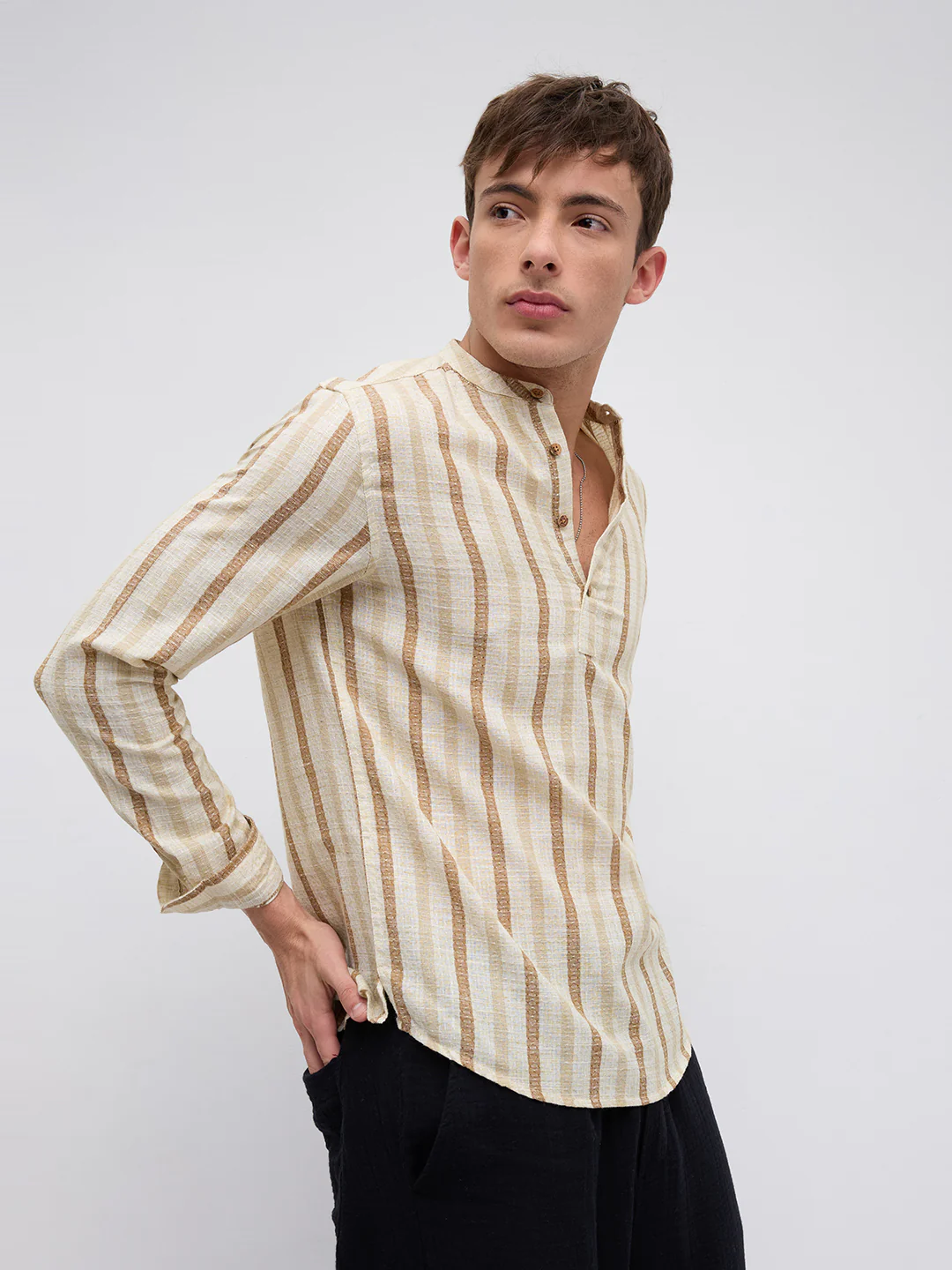 Dessert Sand Beige Jacquard Woven Striped Kurta - Image 5