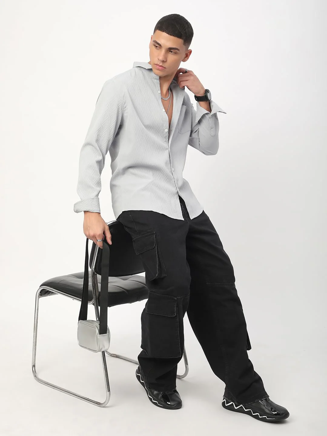 Detailed Cloud Grey Jacquard Shirt - Image 9
