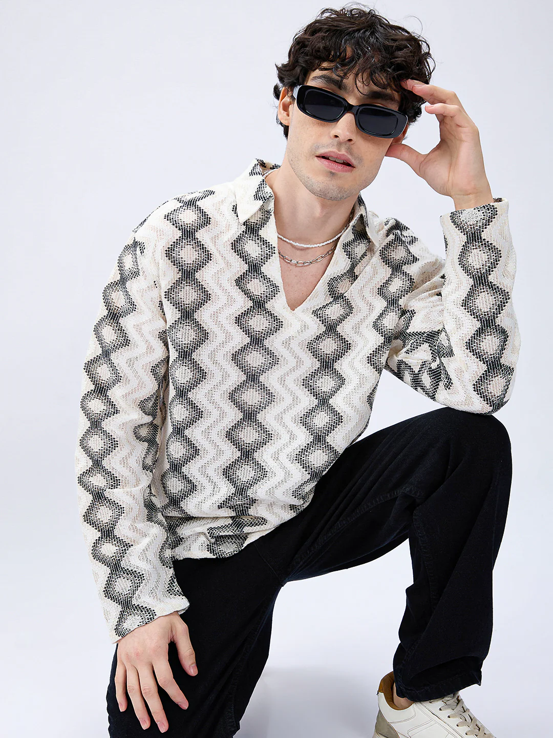 Diamond Wave Luxe Crochet Oversized Polo Shirt - Image 2