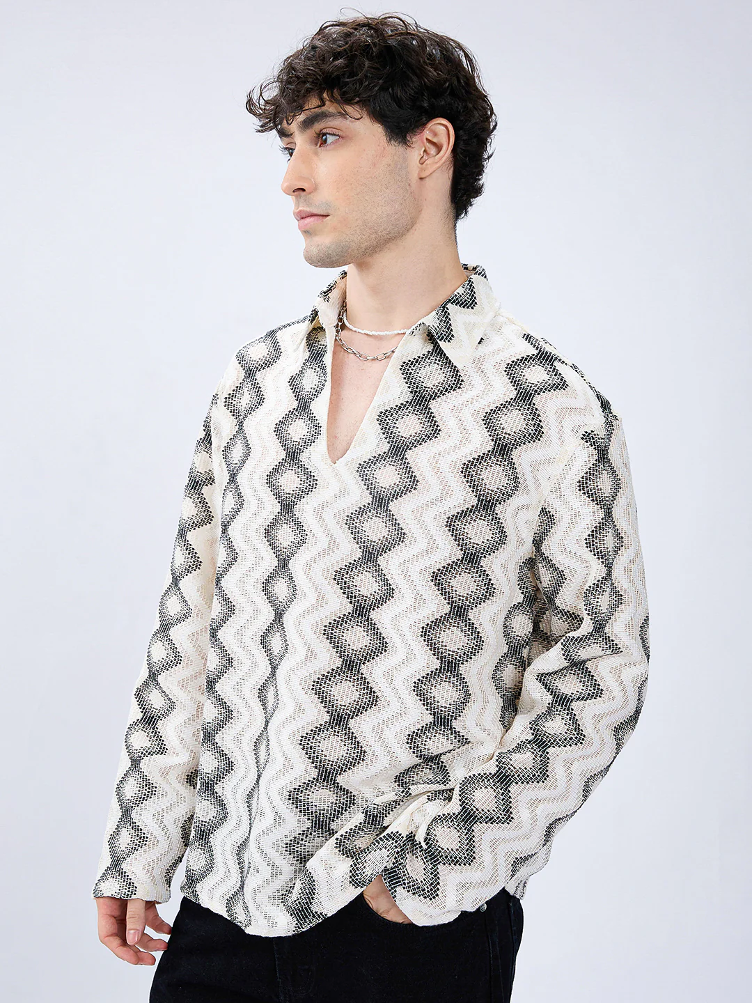 Diamond Wave Luxe Crochet Oversized Polo Shirt - Image 5