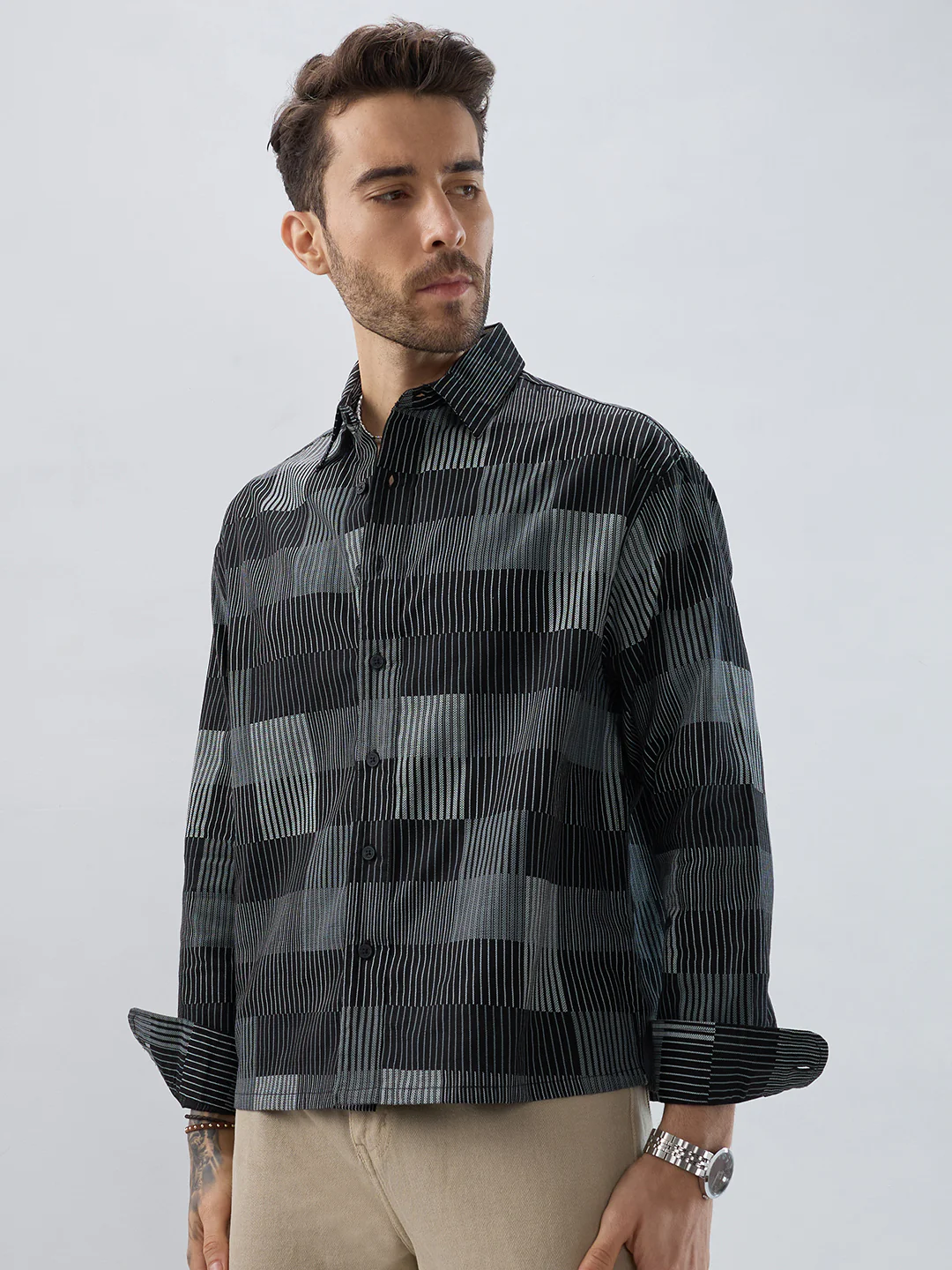 Distinguished Monochrome Maestro Contrast Stripe Boxy Fit Crop Shirt - Image 6
