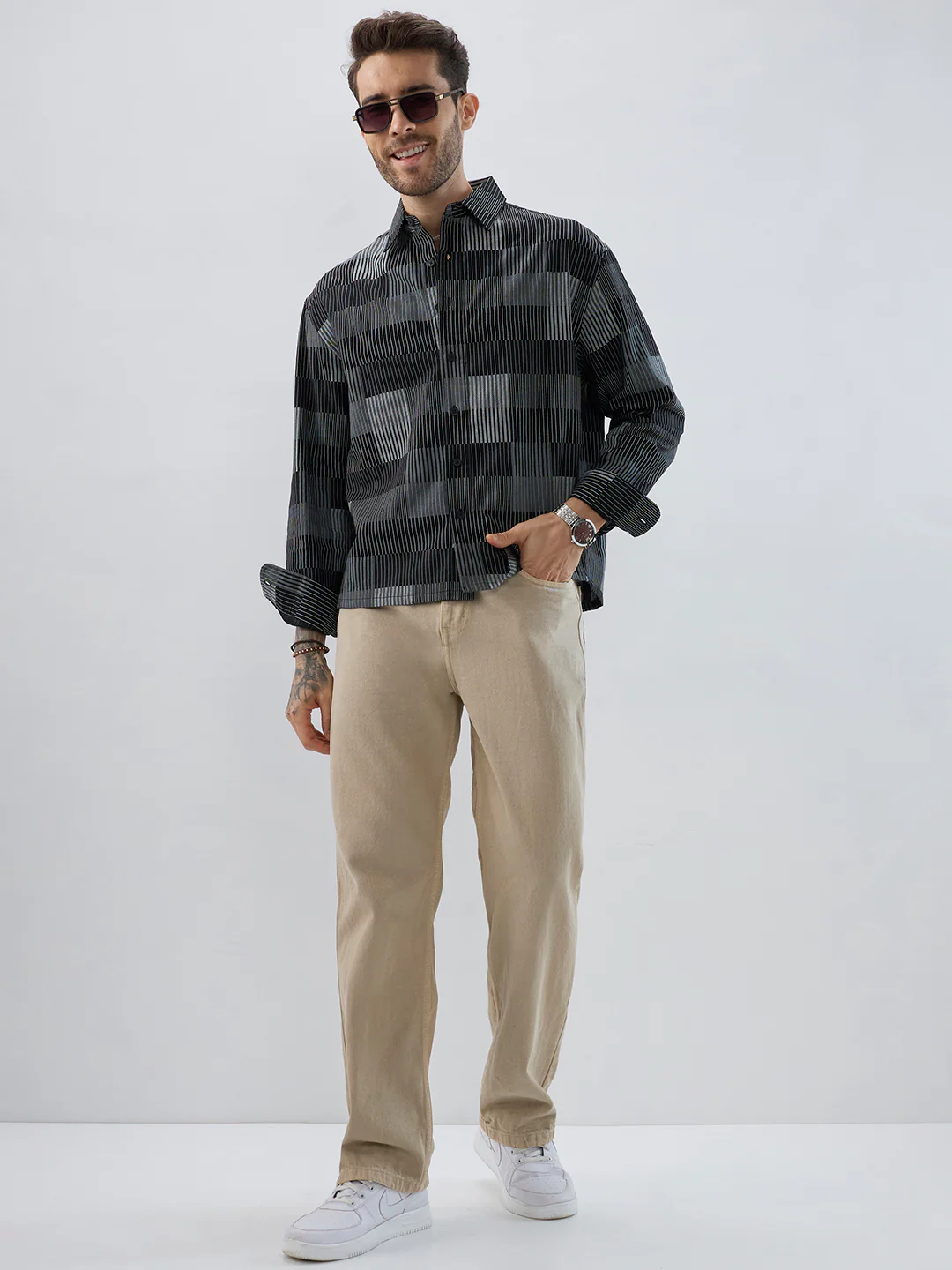 Distinguished Monochrome Maestro Contrast Stripe Boxy Fit Crop Shirt - Image 8