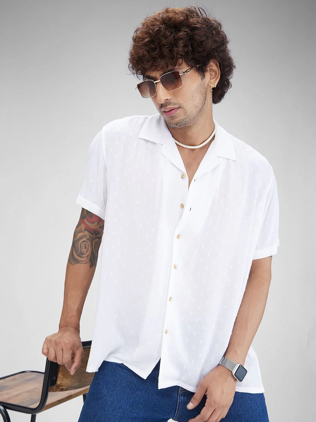 Dobby White Oversized Crepe Shirt - Image 2