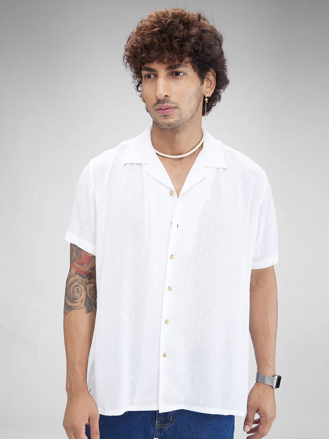 Dobby White Oversized Crepe Shirt - Image 4