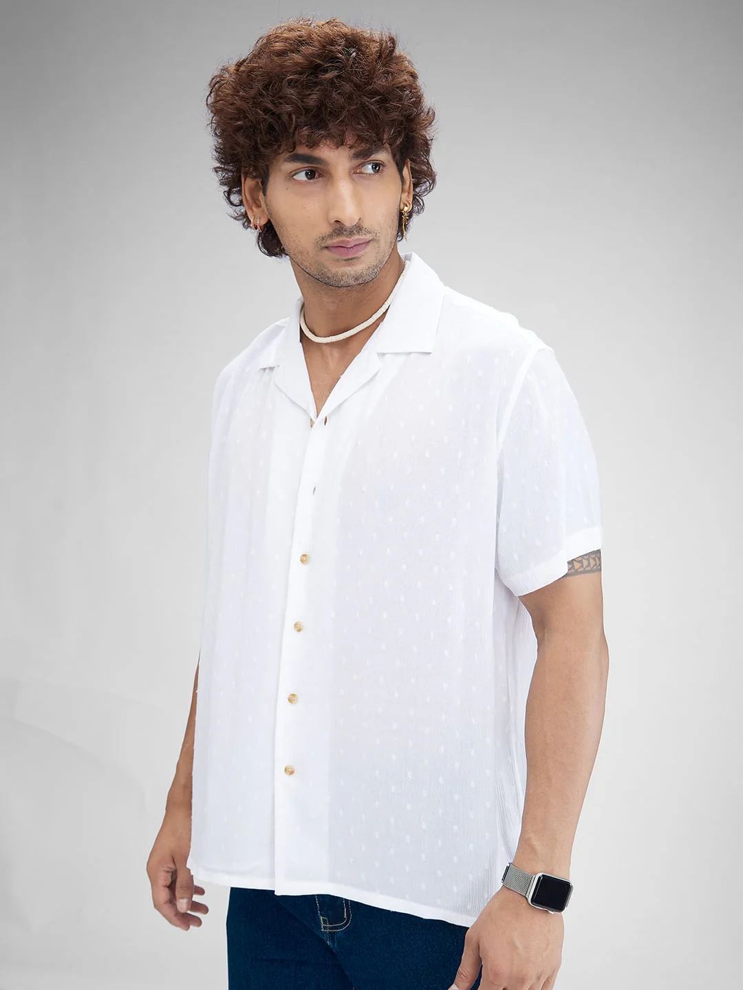 Dobby White Oversized Crepe Shirt - Image 5