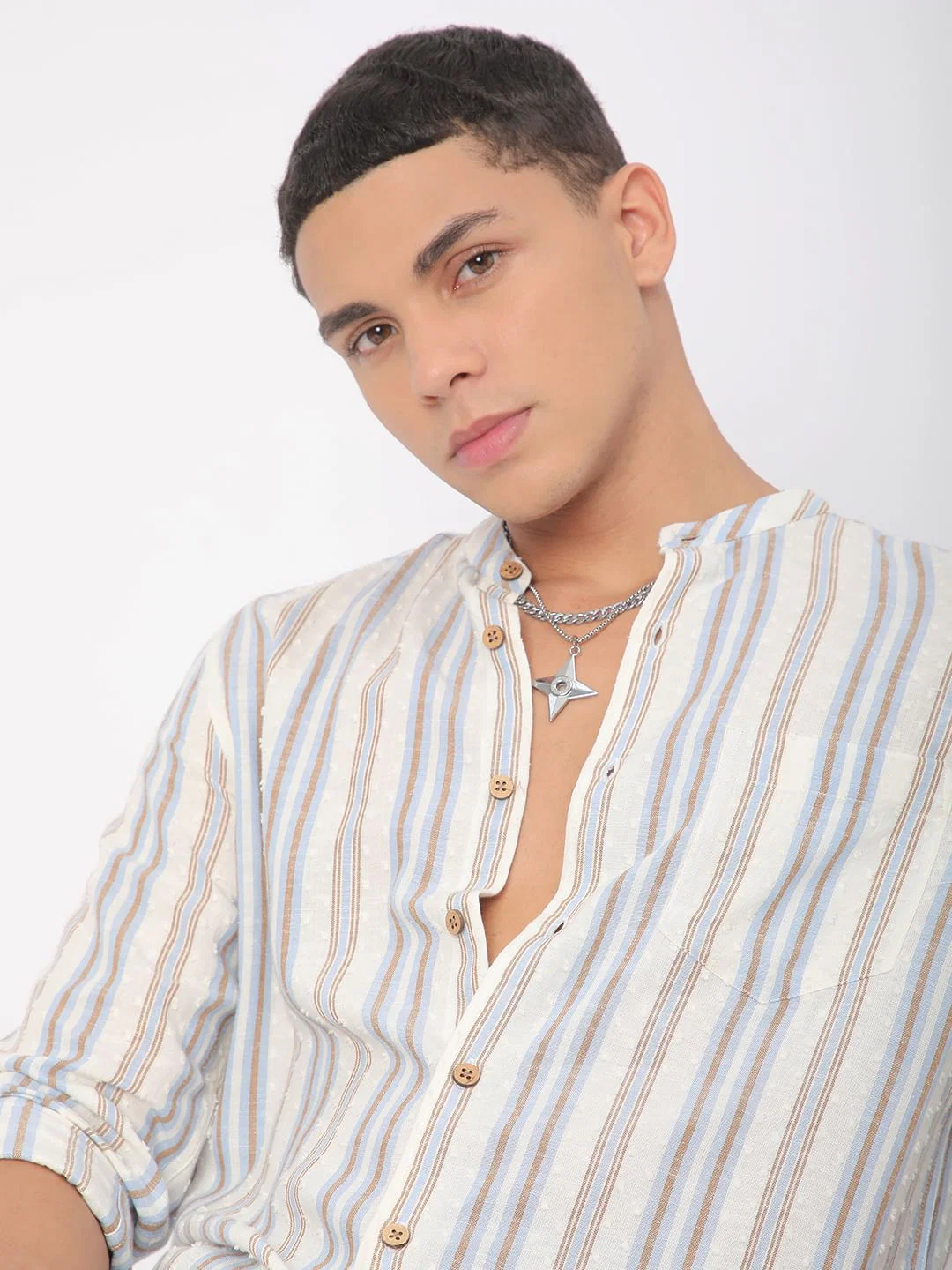 Dobby White Striped Mandarin Shirt - Image 2