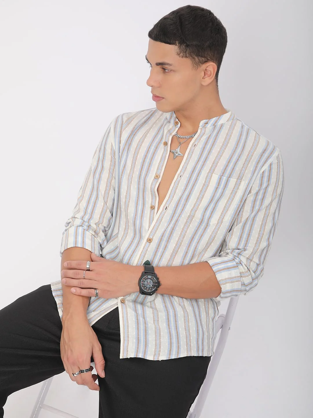Dobby White Striped Mandarin Shirt - Image 4