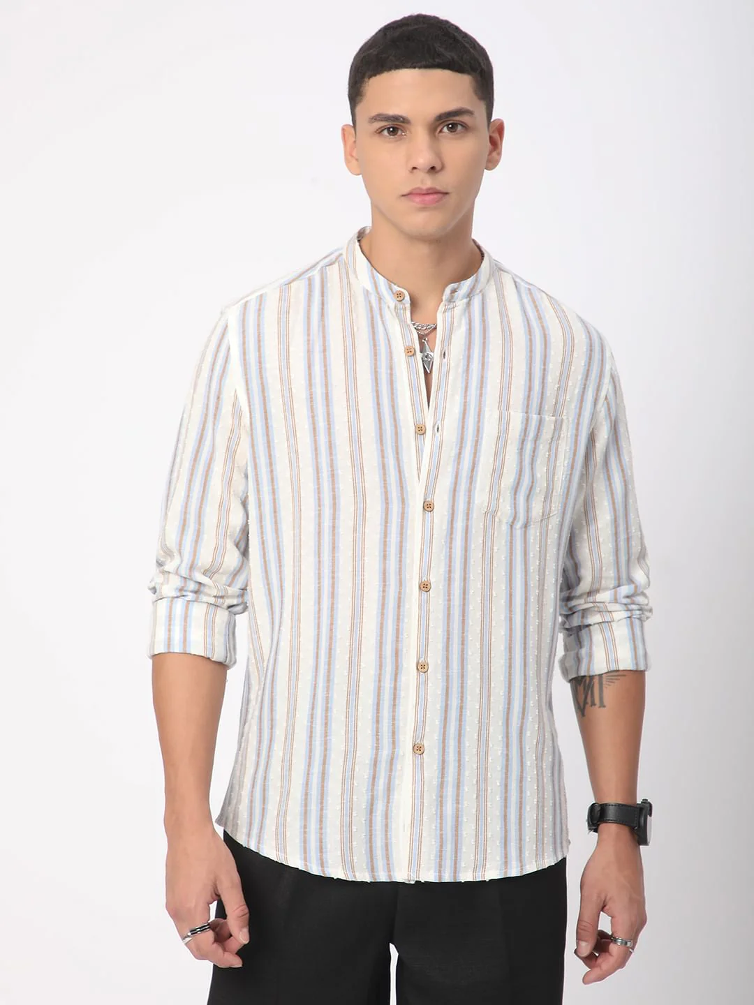 Dobby White Striped Mandarin Shirt - Image 5