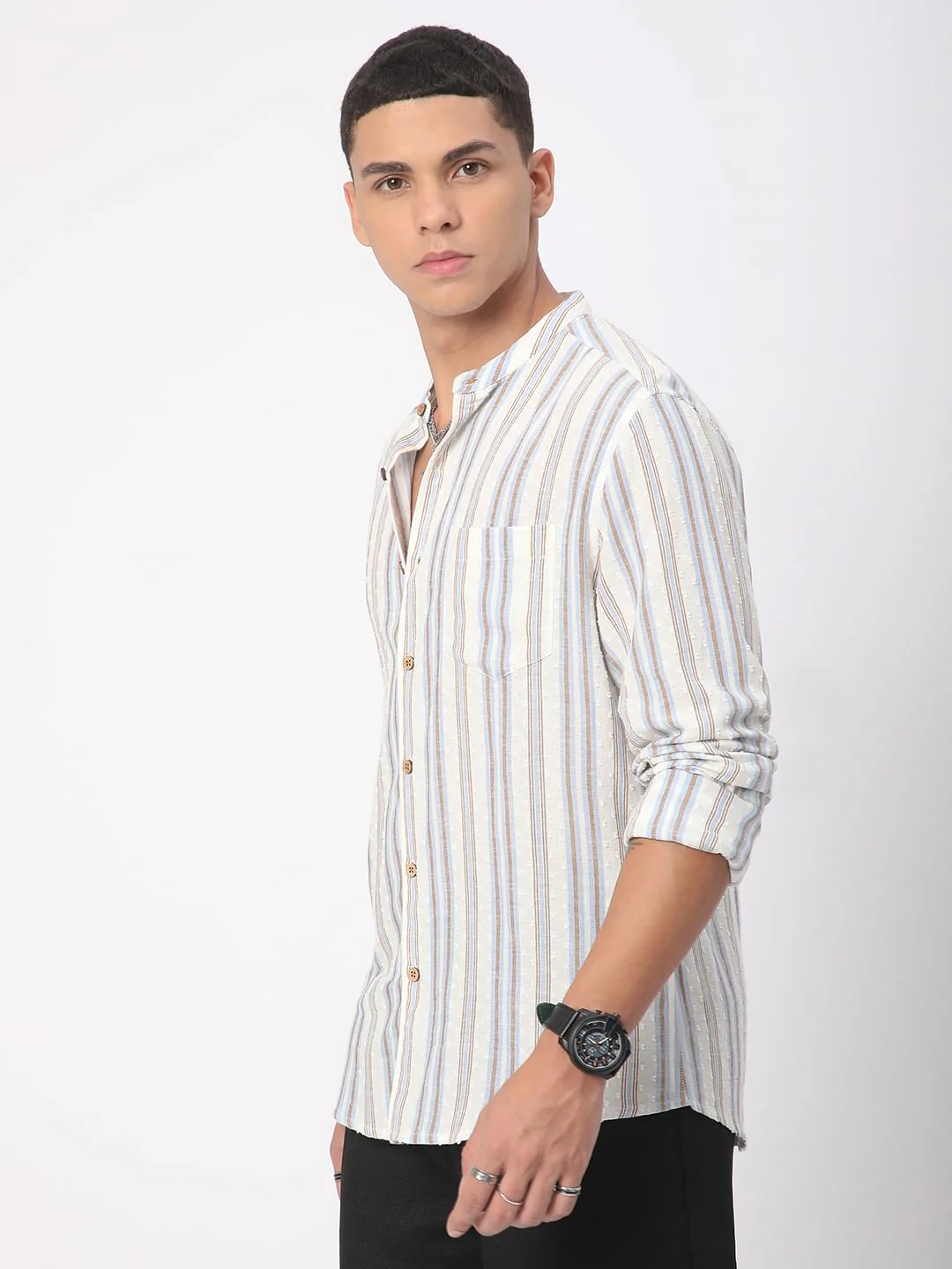 Dobby White Striped Mandarin Shirt - Image 6