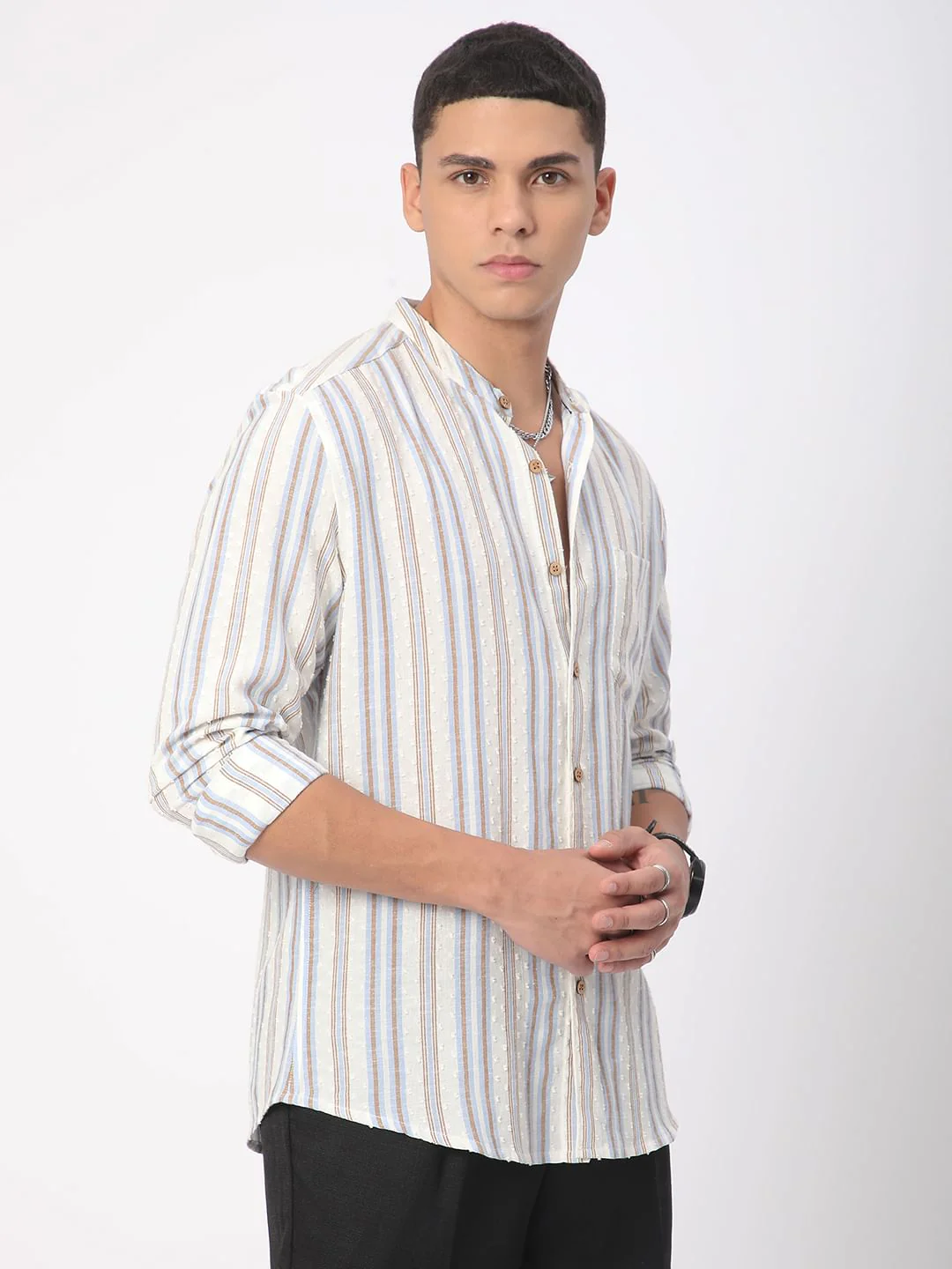 Dobby White Striped Mandarin Shirt - Image 7