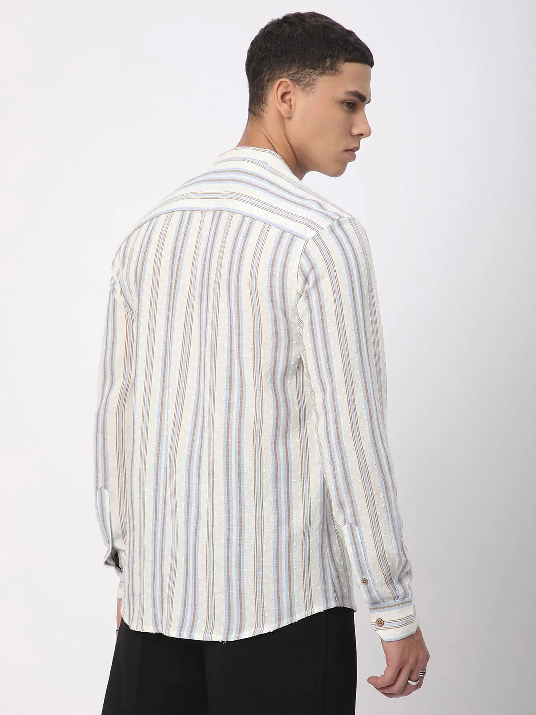Dobby White Striped Mandarin Shirt - Image 8