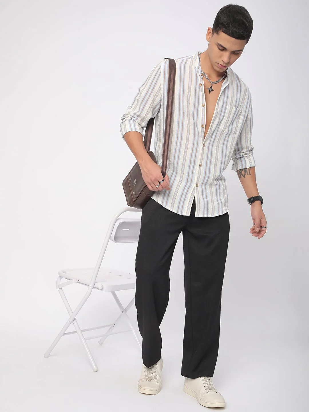 Dobby White Striped Mandarin Shirt - Image 9