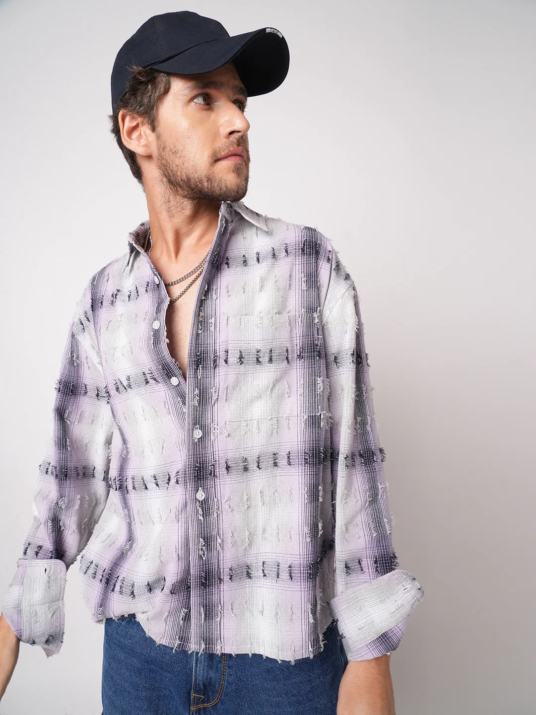 Dusky Lavender Plaid Checks Boxy Fit Frayed Crop Shirt - Image 2