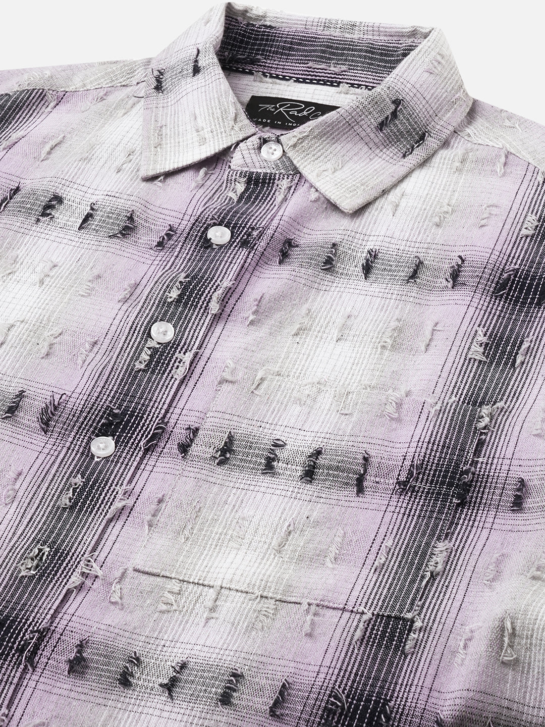 Dusky Lavender Plaid Checks Boxy Fit Frayed Crop Shirt - Image 3