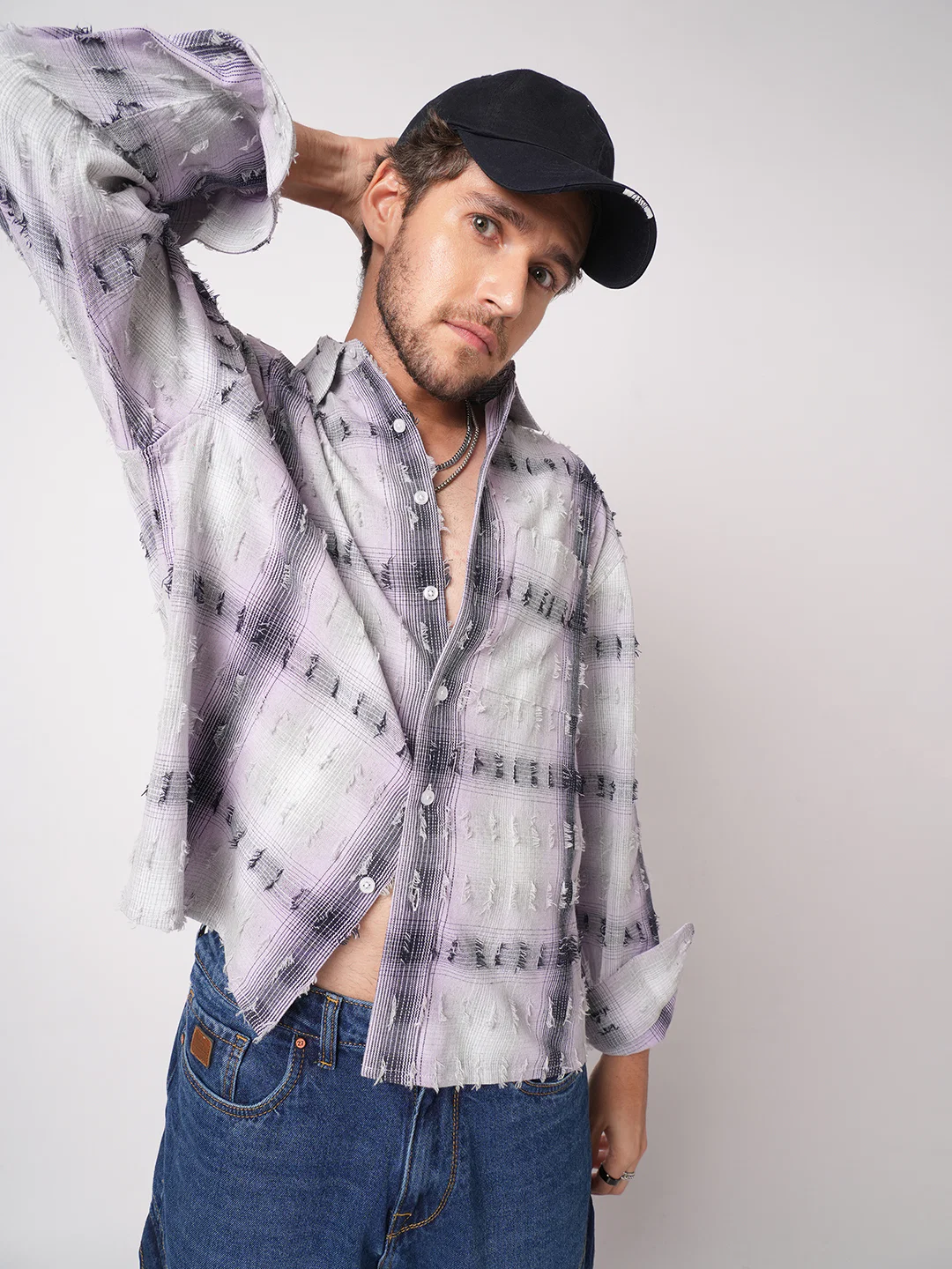 Dusky Lavender Plaid Checks Boxy Fit Frayed Crop Shirt - Image 4