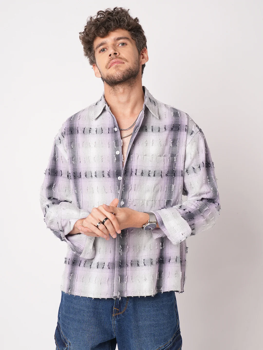 Dusky Lavender Plaid Checks Boxy Fit Frayed Crop Shirt - Image 5
