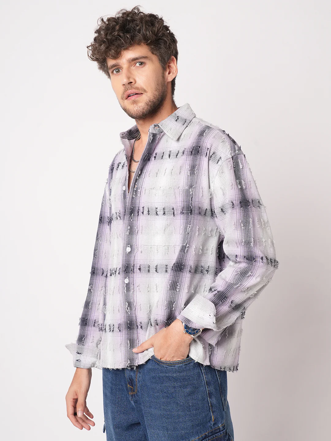 Dusky Lavender Plaid Checks Boxy Fit Frayed Crop Shirt - Image 6