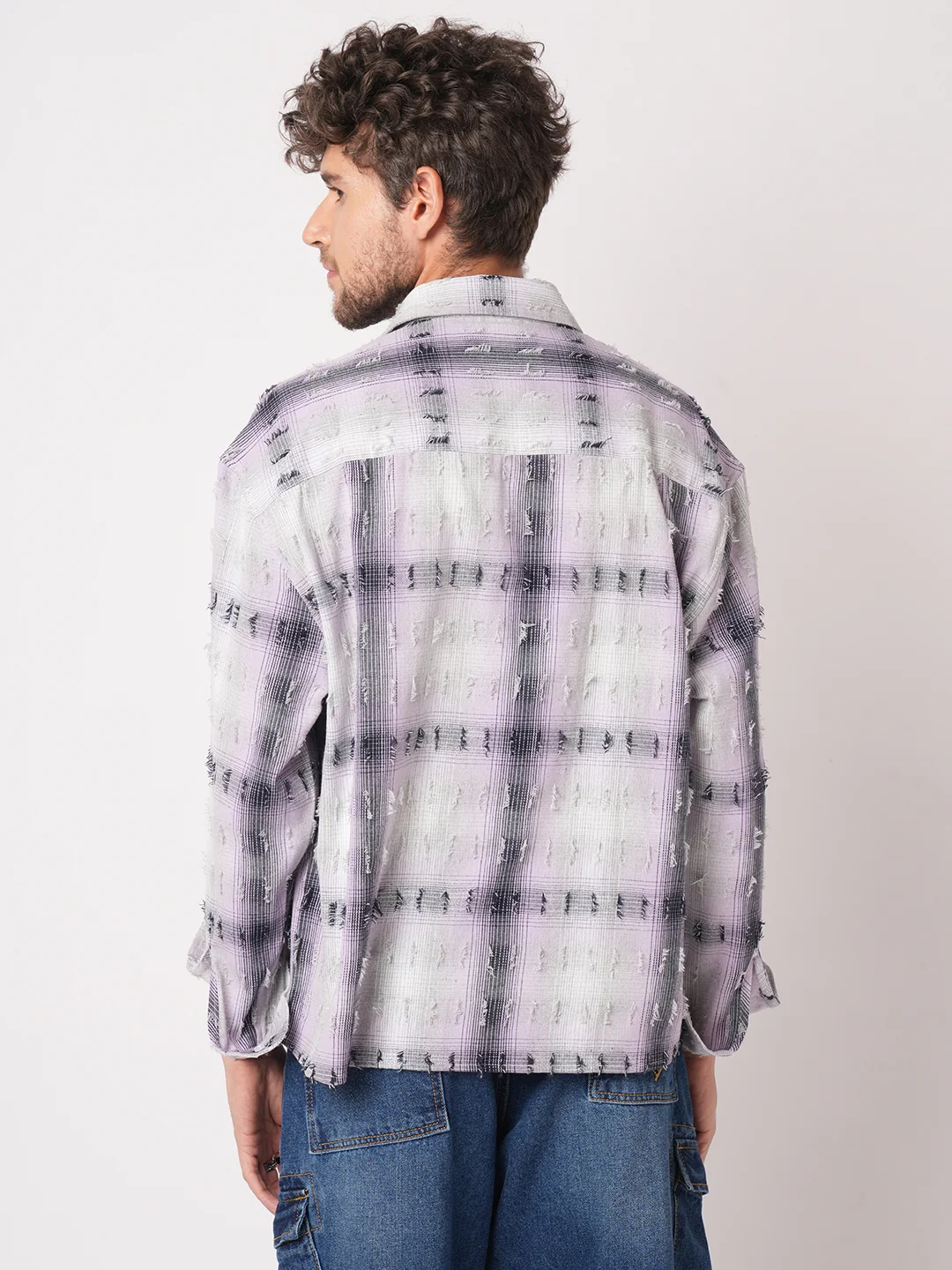 Dusky Lavender Plaid Checks Boxy Fit Frayed Crop Shirt - Image 7