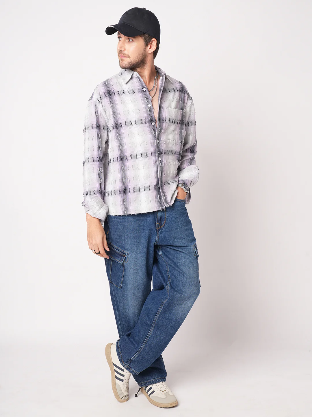 Dusky Lavender Plaid Checks Boxy Fit Frayed Crop Shirt - Image 8