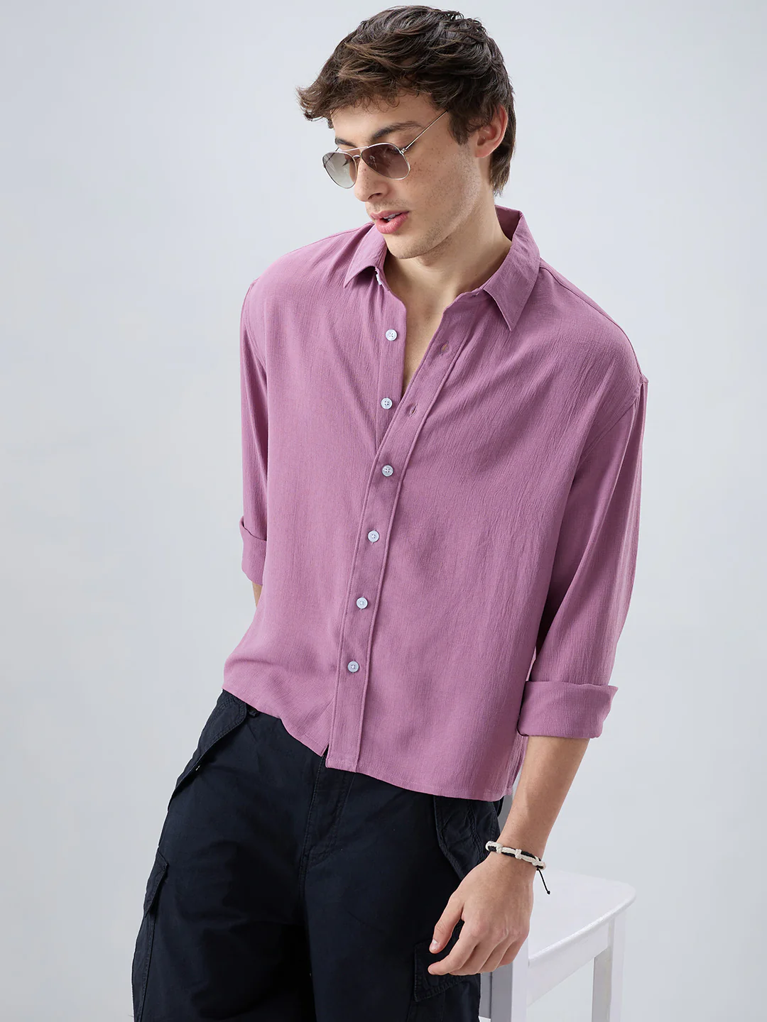 Dust Rose Blush Fine Grid Textured Boxy Fit Crop Shirt - Image 2