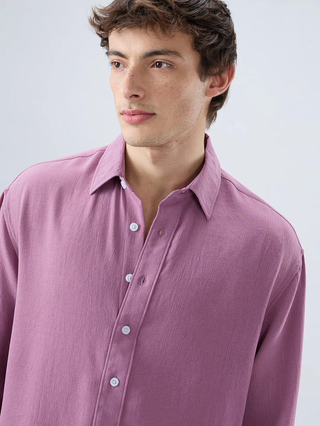 Dust Rose Blush Fine Grid Textured Boxy Fit Crop Shirt - Image 3