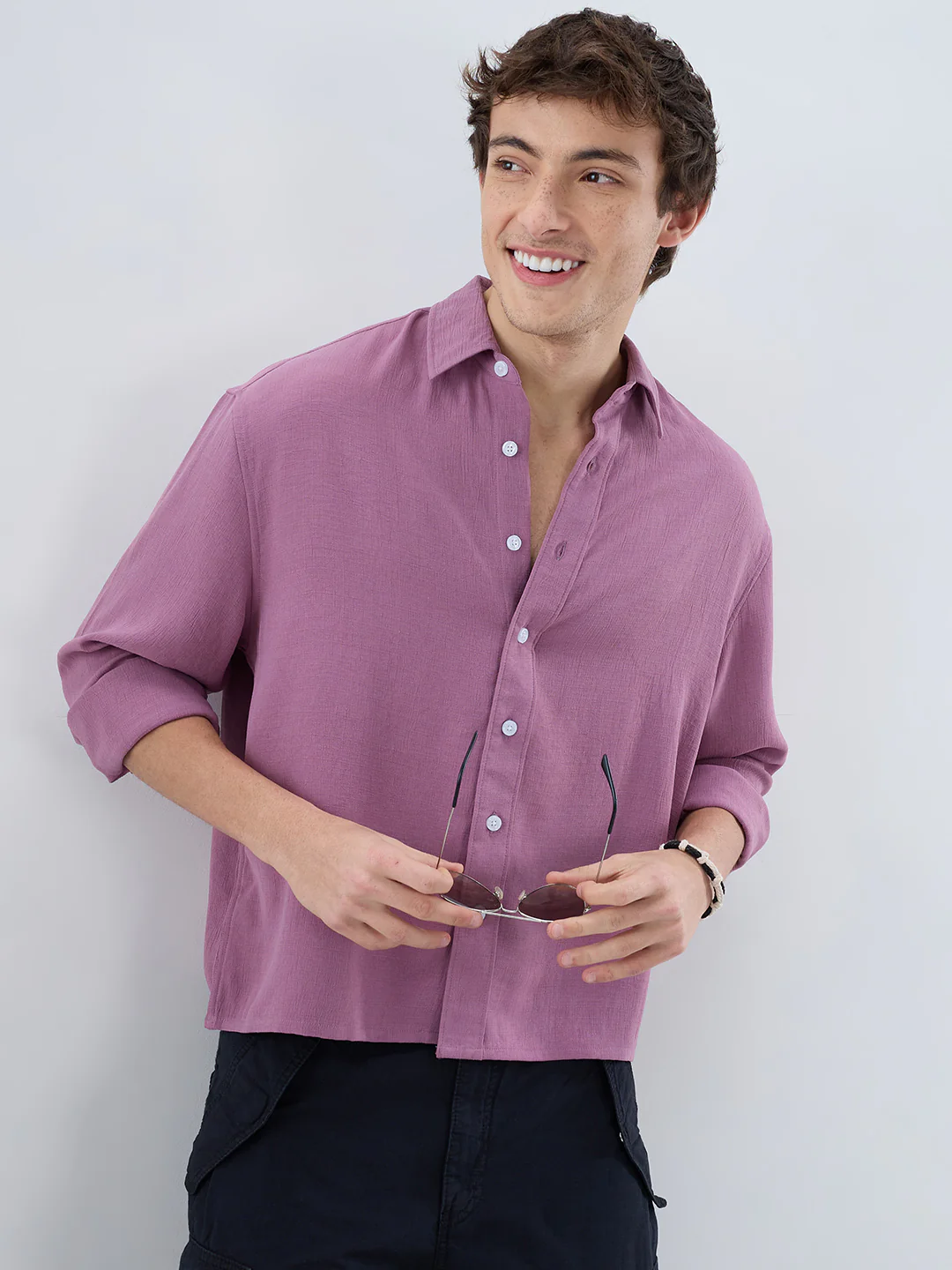 Dust Rose Blush Fine Grid Textured Boxy Fit Crop Shirt - Image 4