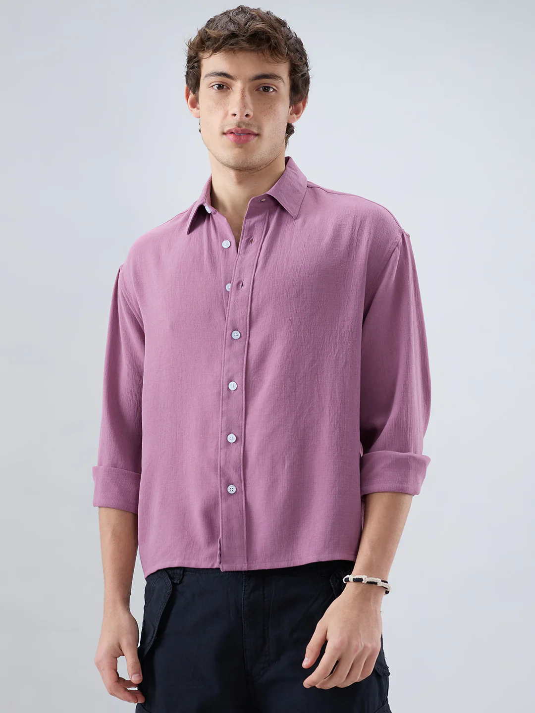 Dust Rose Blush Fine Grid Textured Boxy Fit Crop Shirt - Image 5