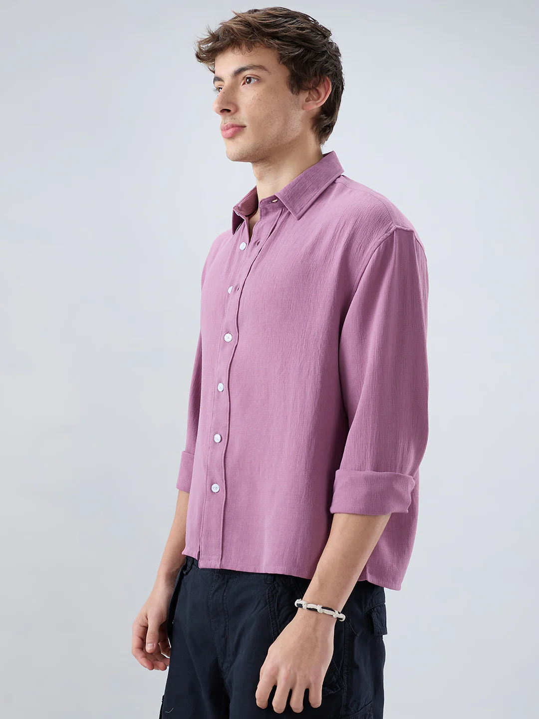 Dust Rose Blush Fine Grid Textured Boxy Fit Crop Shirt - Image 6