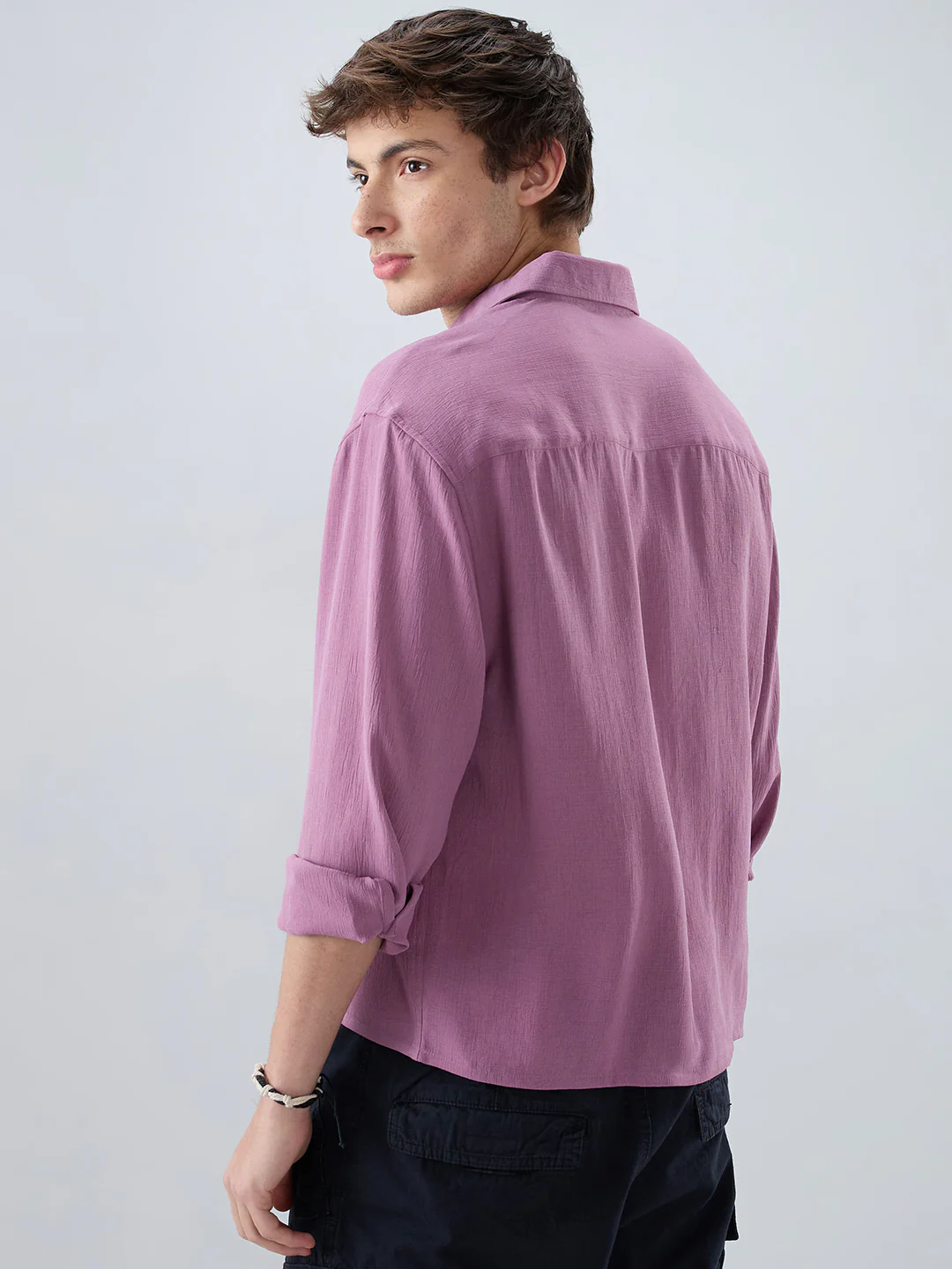 Dust Rose Blush Fine Grid Textured Boxy Fit Crop Shirt - Image 7