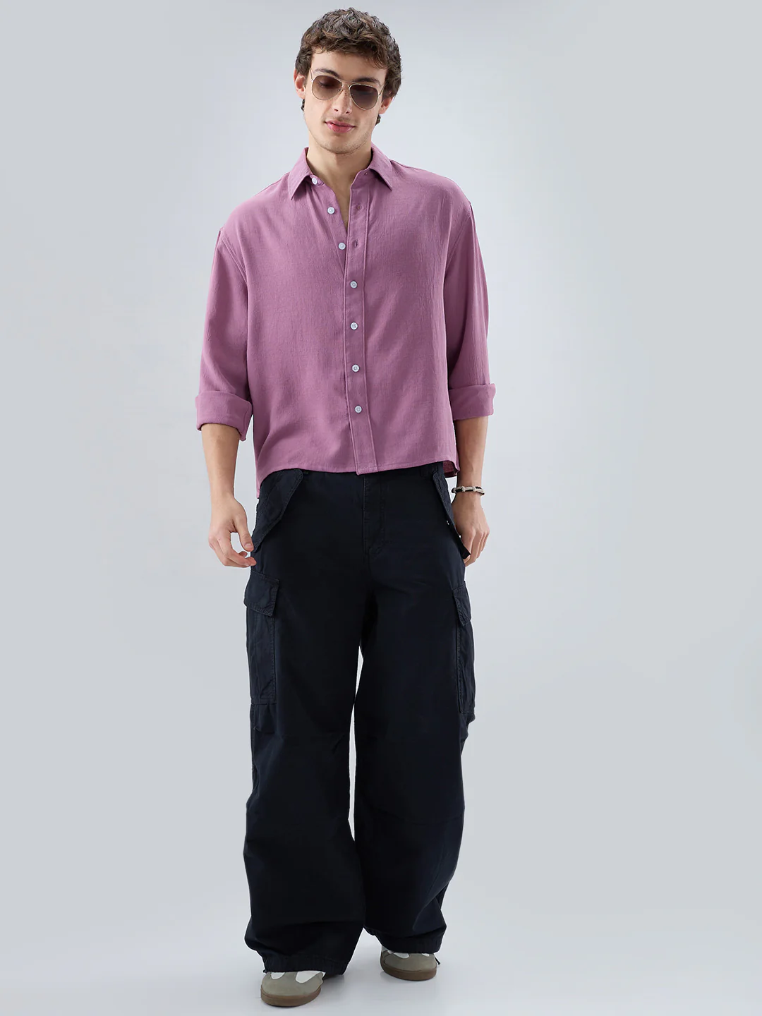 Dust Rose Blush Fine Grid Textured Boxy Fit Crop Shirt - Image 8