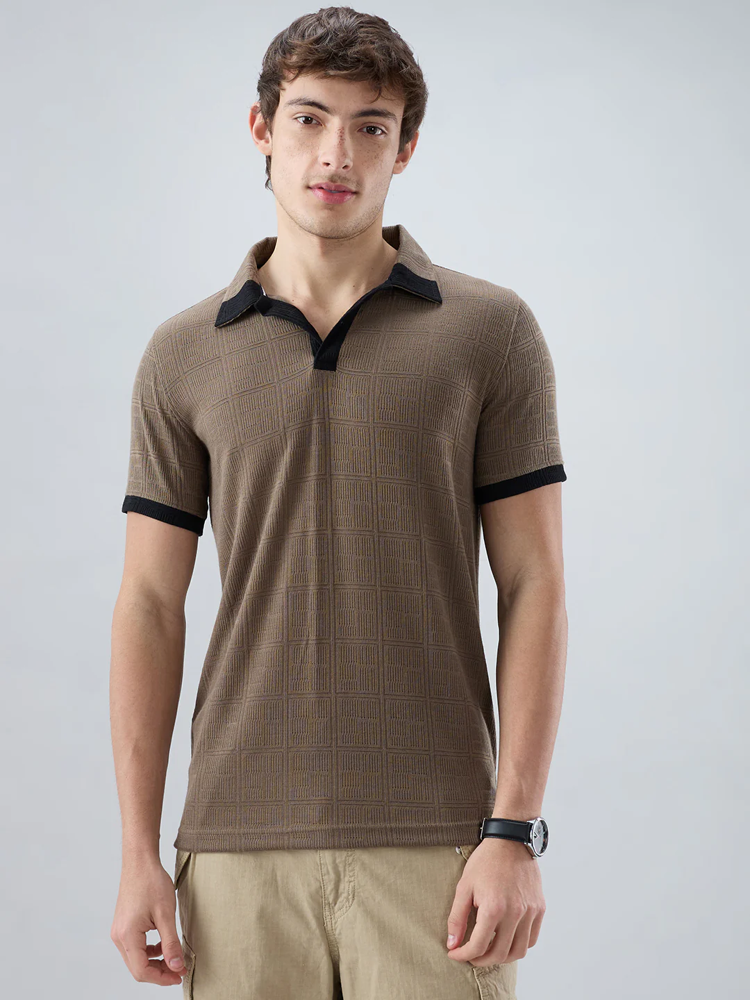 Dusty Beige Contrast Polo Neck T-shirt - Image 5