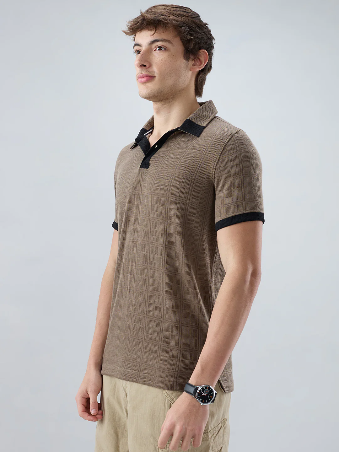 Dusty Beige Contrast Polo Neck T-shirt - Image 6