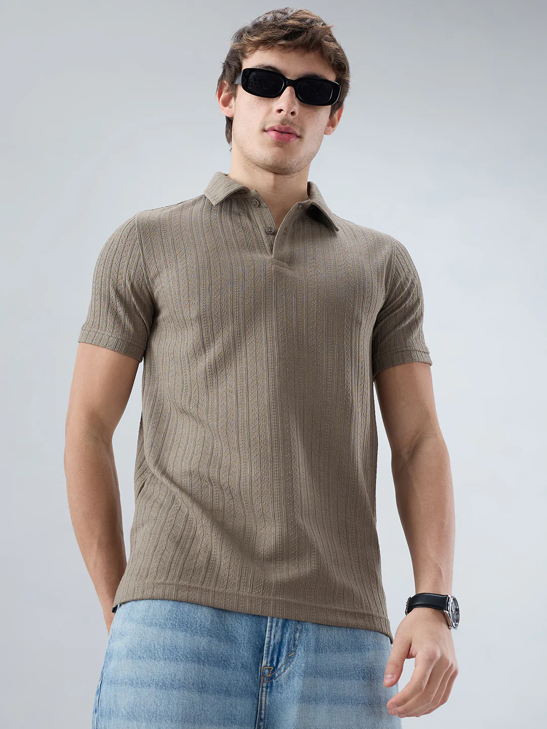 Dusty Beige Polo Neck Knit T-shirt - Image 4