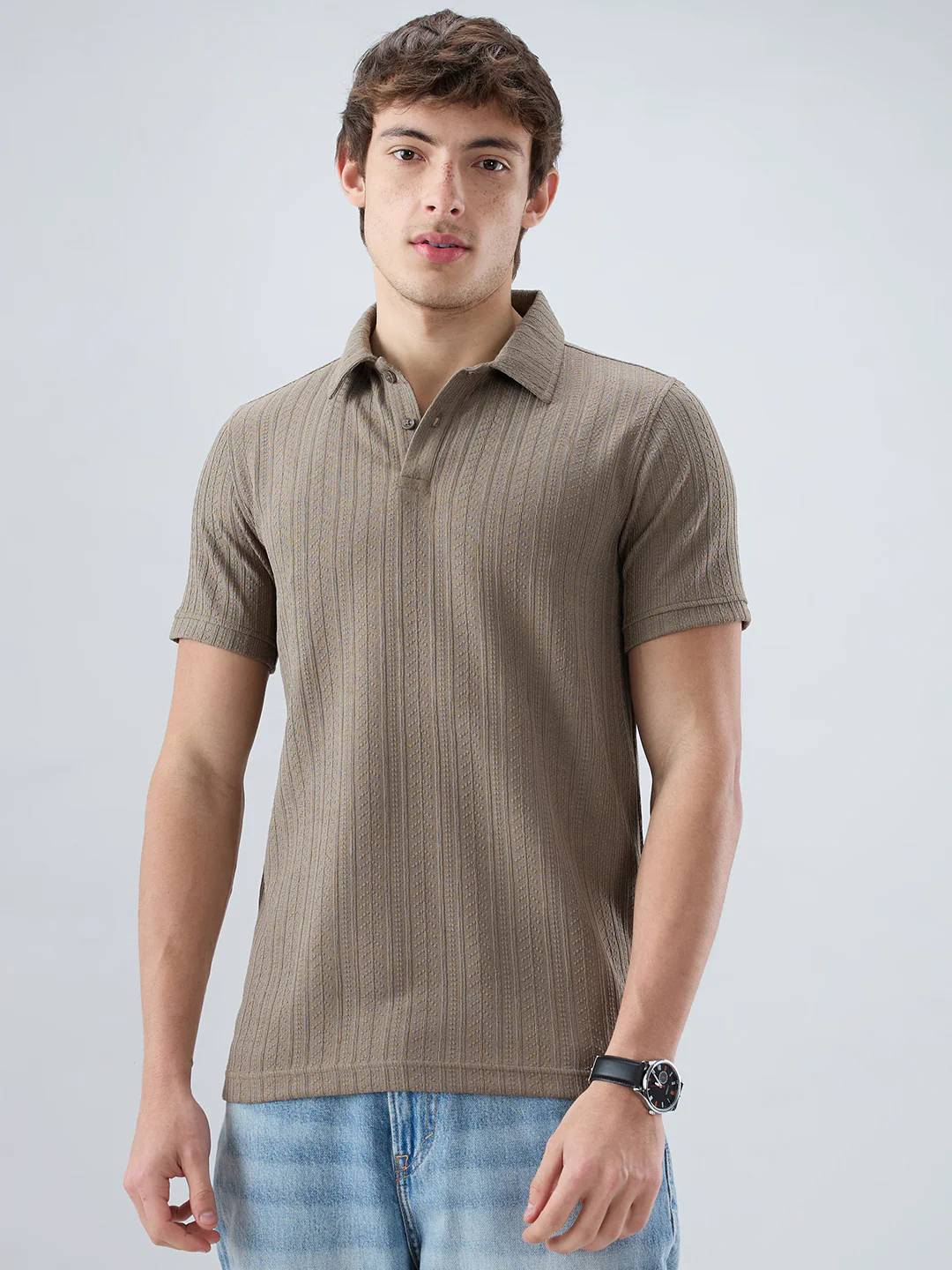Dusty Beige Polo Neck Knit T-shirt - Image 5