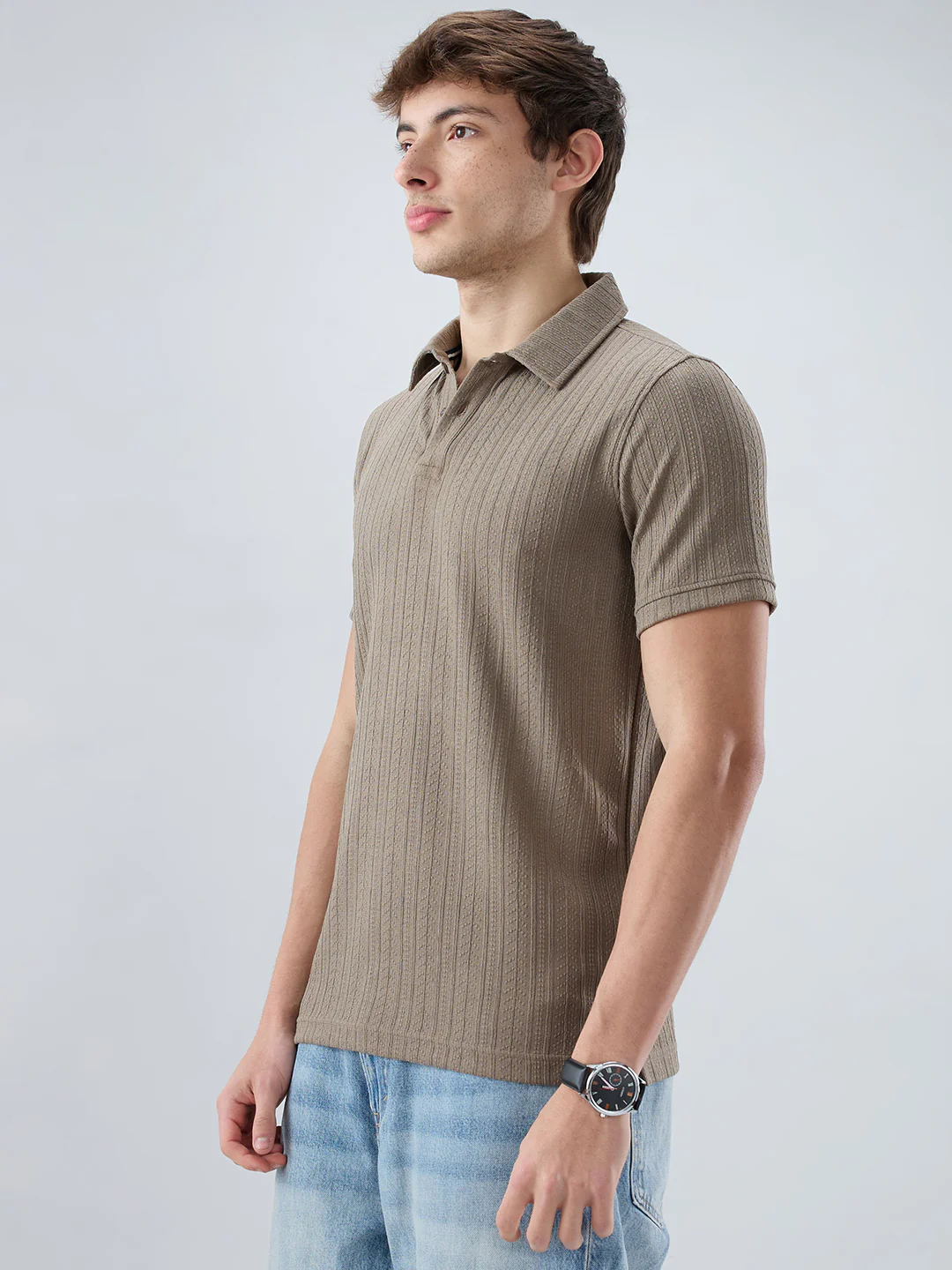 Dusty Beige Polo Neck Knit T-shirt - Image 6