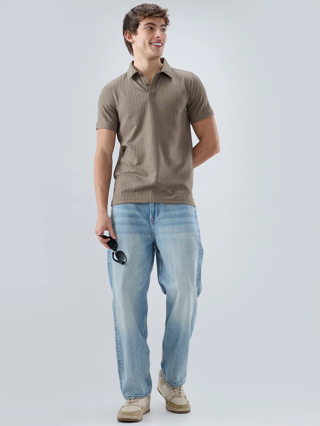 Dusty Beige Polo Neck Knit T-shirt - Image 8