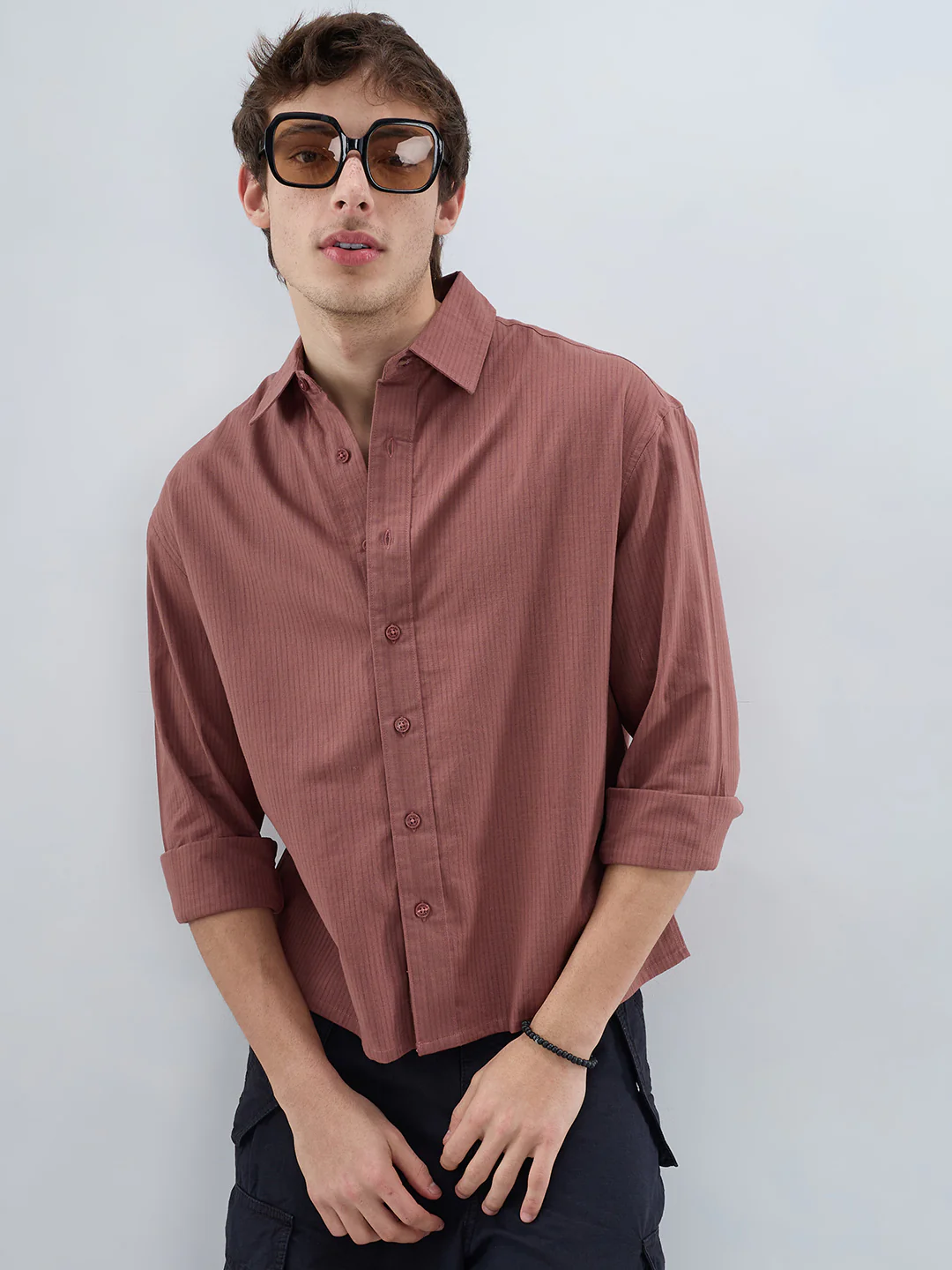 Dusty Brownish Pink Airy Striped Weave Boxy Fit Crop Shirt - Image 2