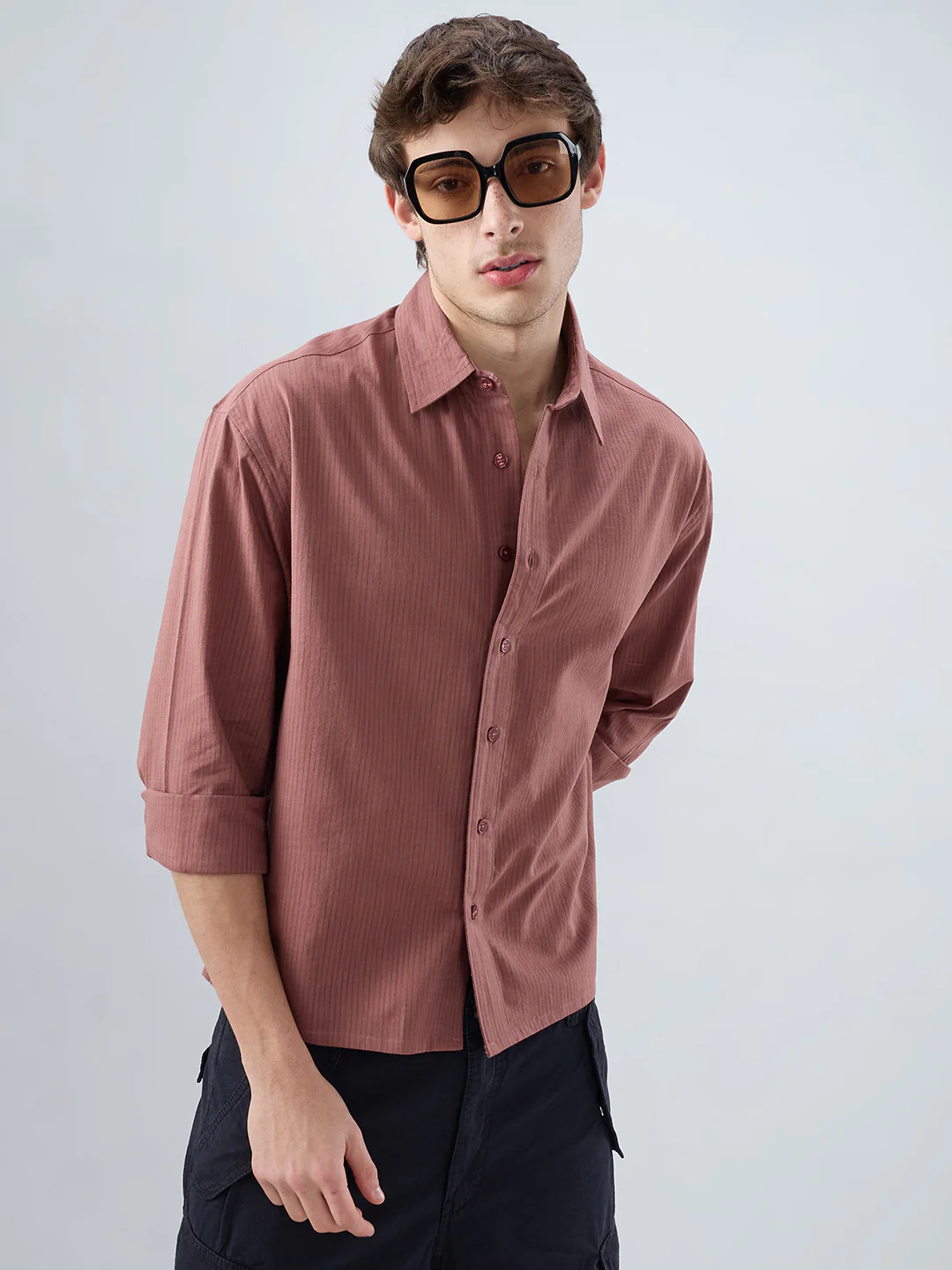 Dusty Brownish Pink Airy Striped Weave Boxy Fit Crop Shirt - Image 4