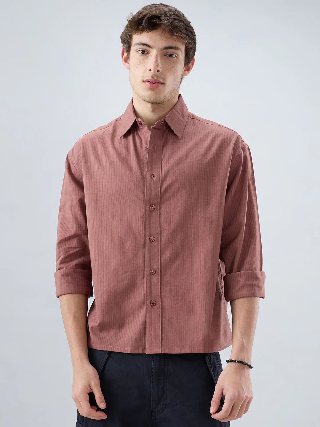 Dusty Brownish Pink Airy Striped Weave Boxy Fit Crop Shirt - Image 5