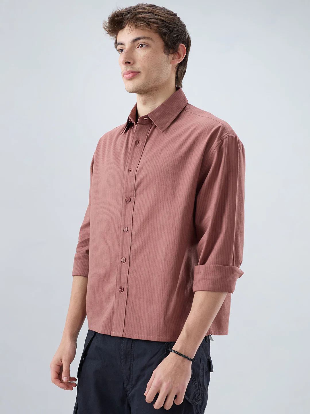 Dusty Brownish Pink Airy Striped Weave Boxy Fit Crop Shirt - Image 6