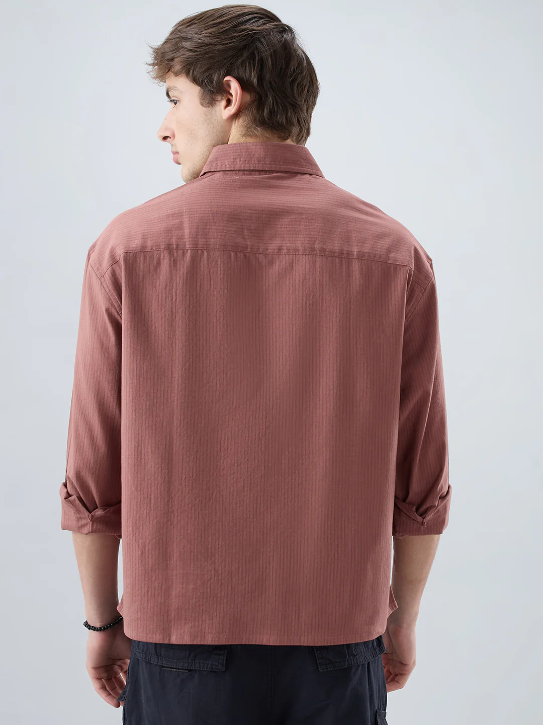 Dusty Brownish Pink Airy Striped Weave Boxy Fit Crop Shirt - Image 7