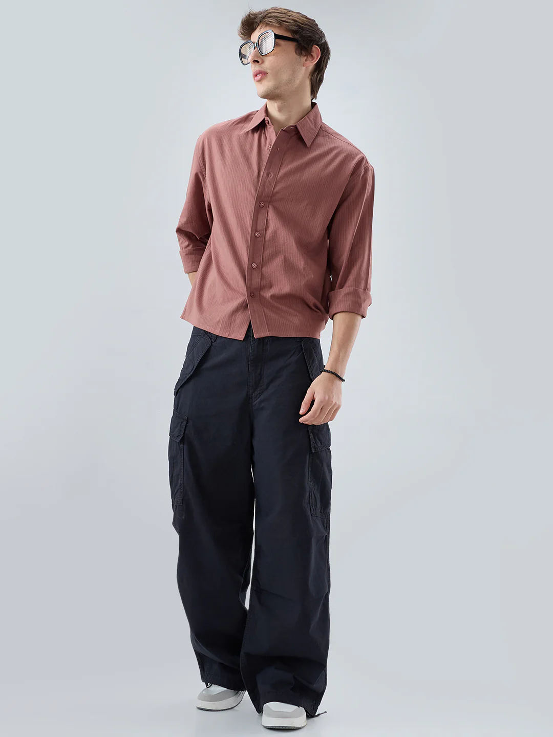 Dusty Brownish Pink Airy Striped Weave Boxy Fit Crop Shirt - Image 8