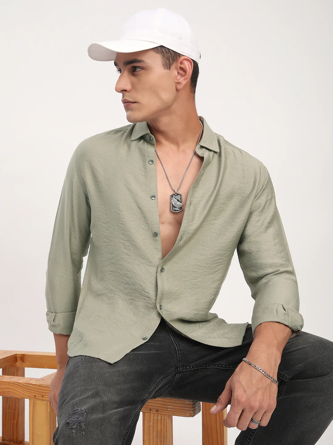 Dusty Olive Rhythmic Wave Textured Shirt - Image 4